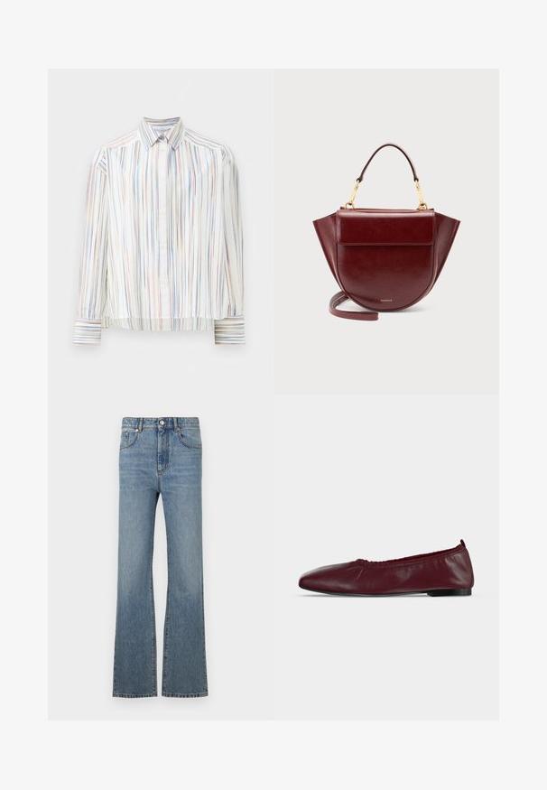 Camisa de botones a rayas con base blanca, que presenta líneas multicolores estrechas en azul, naranja y verde. Mangas largas y cuello clásico.; Jeans de mezclilla azul claro con pierna acampanada, cintura alta, bolsillos frontales y costuras en contraste. Diseño simple con cierre de botón clásico.; Bailarina plana de piel burdeos con borde superior elástico fruncido y suela negra fina sobre fondo blanco.; Bolso de mano de cuero rojo oscuro con asa superior, herrajes dorados, bolsillo delantero con solapa y correa larga, sobre un fondo claro y liso.