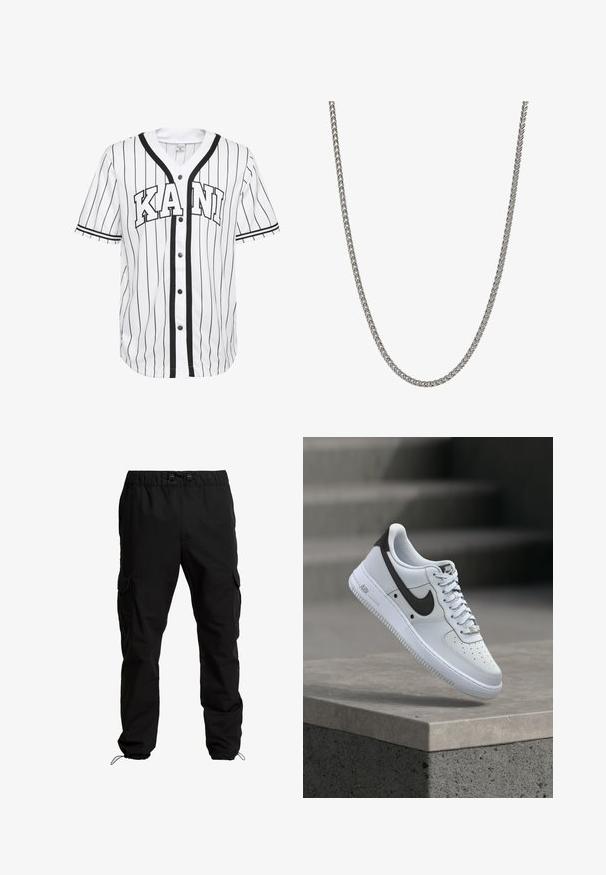 Camisa de béisbol blanca de manga corta con rayas negras, que presenta un cierre frontal de botones y la palabra "KANI" exhibida de forma destacada en letras negras.; Pantalones cargo negros hechos de un tejido duradero, con cintura elástica, cordones ajustables y bolsillos laterales con solapa.; Zapatilla blanca Nike Air Force 1 con logo Swoosh negro, flotando sobre un saliente de hormigón con escaleras difuminadas al fondo.; Collar de cadena de metal con un diseño trenzado, color plata, textura suave y eslabones uniformes, adecuado para varios estilos y ocasiones.