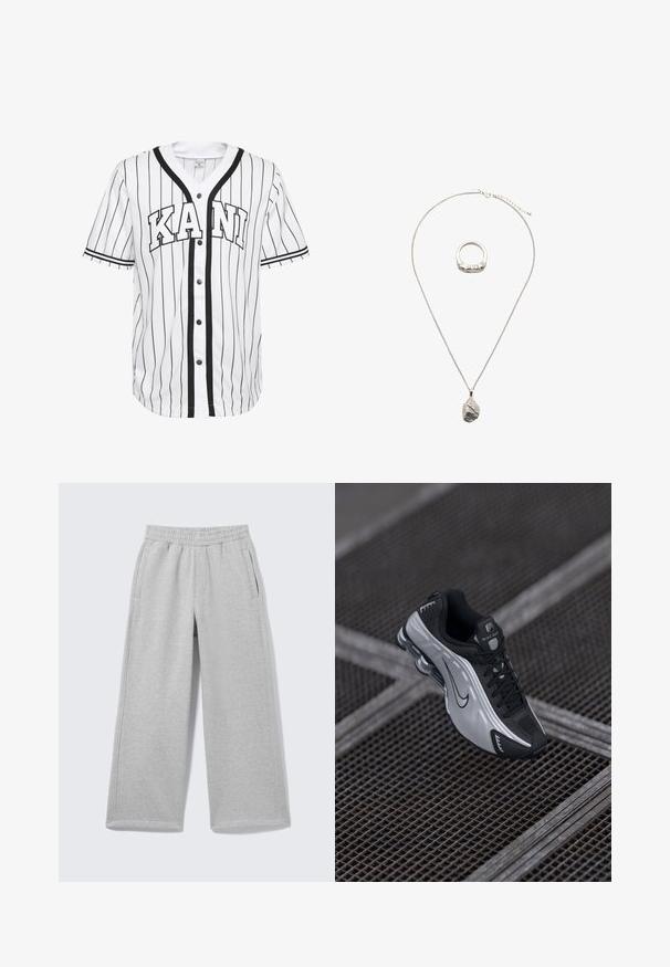 Weißes Baseball-Trikot mit kurzen Ärmeln und schwarzen Streifen, mit einer Knopfleiste vorne und dem Wort "KANI" deutlich in schwarzen Buchstaben dargestellt.; Hellgraue Sweatpants mit weitem Bein, elastischem Bund und Seitentaschen, auf einem einfarbigen Hintergrund gezeigt.; Nike Sportsschuh mit einem schwarzen und silbernen Design. Hergestellt aus synthetischem Material mit Mesh-Akzenten und einer stützenden Sohle mit sichtbarer Air-Dämpfung.; Silberschmuck-Set mit einem strukturierten Anhänger an einer dünnen Kettenhalskette und einem klobigen Ring, beide mit kunstvollen Details versehen.