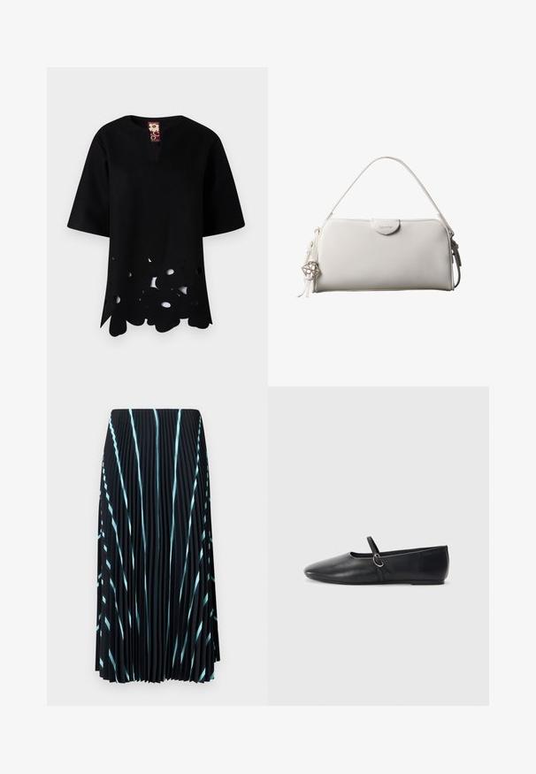 Haut noir avec un décolleté en V et des manches courtes. Présente un motif floral découpé unique le long de l'ourlet, fabriqué à partir d'un tissu texturé.; Jupe plissée noire avec des rayures diagonales bleu clair. Fabriquée en tissu léger et texturé. Tombe à mi-mollet sans fermetures visibles.; Ballerines noires en cuir avec un bout pointu, une semelle plate et une petite sangle avec un détail de boucle en argent.; Sac à main rectangulaire blanc Calvin Klein avec une seule poignée, design minimaliste et pampilles décoratives avec un charm métallique géométrique sur le côté.