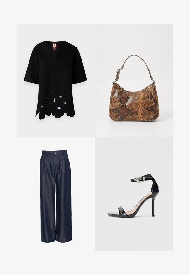 Zwarte top met een V-hals en korte mouwen. Heeft een uniek uitgesneden bloemenpatroon langs de zoom, gemaakt van gestructureerde stof.; Navyblauwe denim broeken met wijde pijpen en een hoge taille, met voorplooien en gouden stikselaccenten, een gladde textuur en een knoopsluiting.; Zwarte sandalen met hoge hak van lakleer en een enkelriempje. Heeft een minimalistisch ontwerp, open teen en een gesp met strass-steentjes.; Kleine handtas met een bruin en zwart slangenprintpatroon, korte verstelbare schouderriem en ritssluiting.