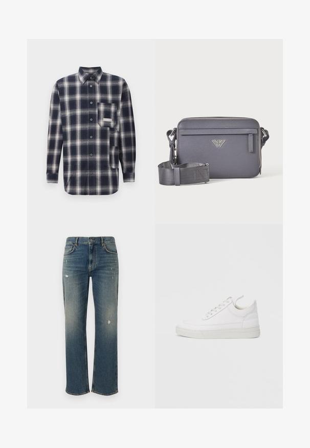 Flanellhemd im dunkelblauen und hellgrauen Karomuster. Hat einen Kragen, eine Knopfleiste und eine Brusttasche auf der linken Seite. Weicher Stoff.; Dunkelblaue Denim-Jeans mit geradem Schnitt, die leichte Auswaschungen und abgenutzte Stellen aufweisen. Klassisches Fünf-Taschen-Design und Knopfverschluss.; Weißer Ledersneaker mit abgerundetem Zehenbereich, flacher Sohle und Schnürverschluss. Verfügt über Nahtdetails und einen gepolsterten Kragen für zusätzlichen Komfort.; Dunkelgraue rechteckige Umhängetasche mit verstellbarem Riemen, vorderer Reißverschlusstasche und silbernem Logo-Emblem.