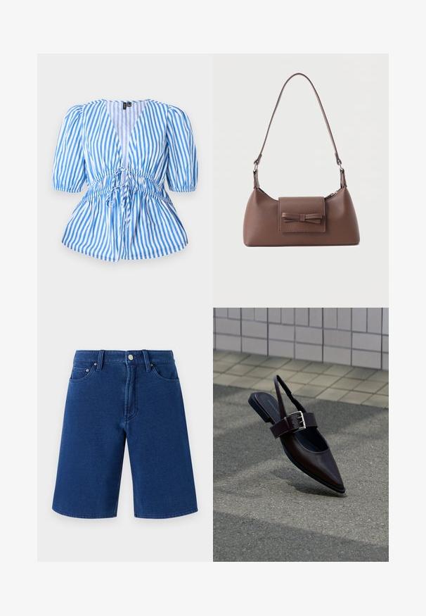 Blauwwit gestreepte blouse met korte pofmouwen, een V-hals en een verstelbare taille met koord. Glad katoen voelen.; Blauwe denim shorts met een rechte snit, vijf zakken ontwerp en een zichtbare tailleband met een metalen knop en riemlussen.; Donkerbruine platte slingback schoen met puntige neus, brede band en grote zilveren gesp, op asfalt bij een betegelde muur.; Bruine leren schoudertas met een voorvak met klep en een gestikte strikdetail en een verstelbare band.