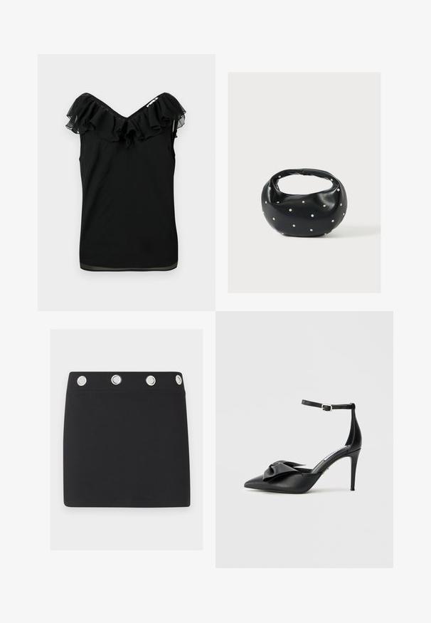Blouse noire sans manches pour femmes avec encolure à volants décolletée et détails en tissu transparent sur les bords, sur fond blanc.; Mini-jupe noire avec une large ceinture présentant quatre grands œillets métalliques argentés, espacés uniformément sur le bord supérieur.; Chaussure à talon noir avec bout pointu, accent de nœud en satin et bride de cheville réglable avec ferrures argentées. Texture en cuir lisse.; Sac à main en cuir noir de forme arrondie, décoré de clous argentés et équipé d'une poignée courte. Texture lisse et fermeture éclair.
