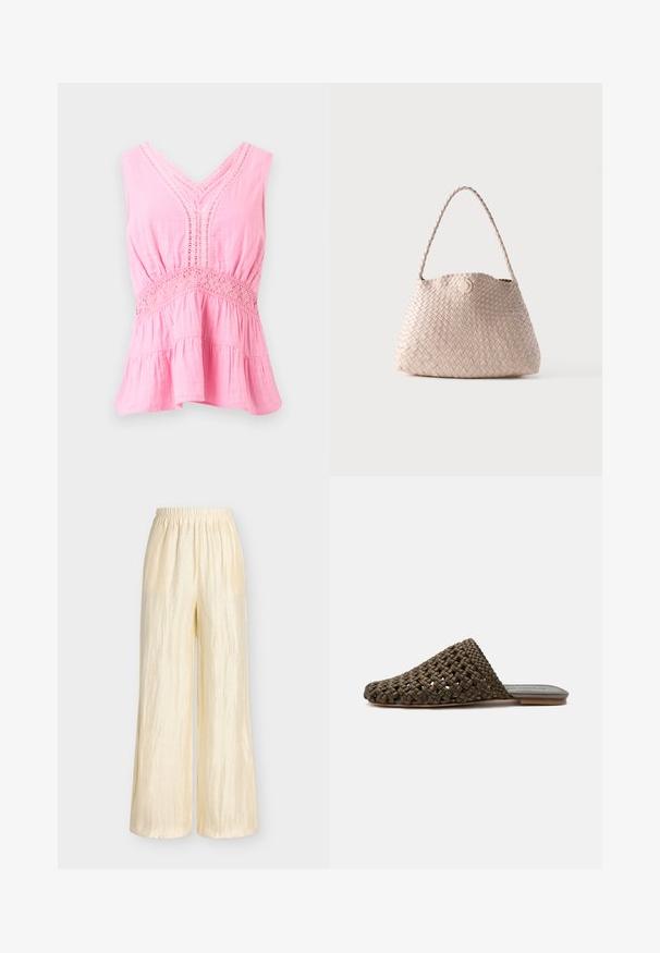 Blouse rose sans manches avec col en V, détails en dentelle le long de l'encolure et de la taille, tissu froncé et ourlet évasé à volants.; Pantalon large beige clair avec une taille élastique froncée et une texture de tissu légèrement froissée.; Mule tissée marron à enfiler avec une semelle plate et un bout fermé arrondi sur fond blanc.; Sac d'épaule en cuir tissé beige avec une forme arrondie et une anse tressée, doté d'une petite fermeture à bouton en cuir circulaire.