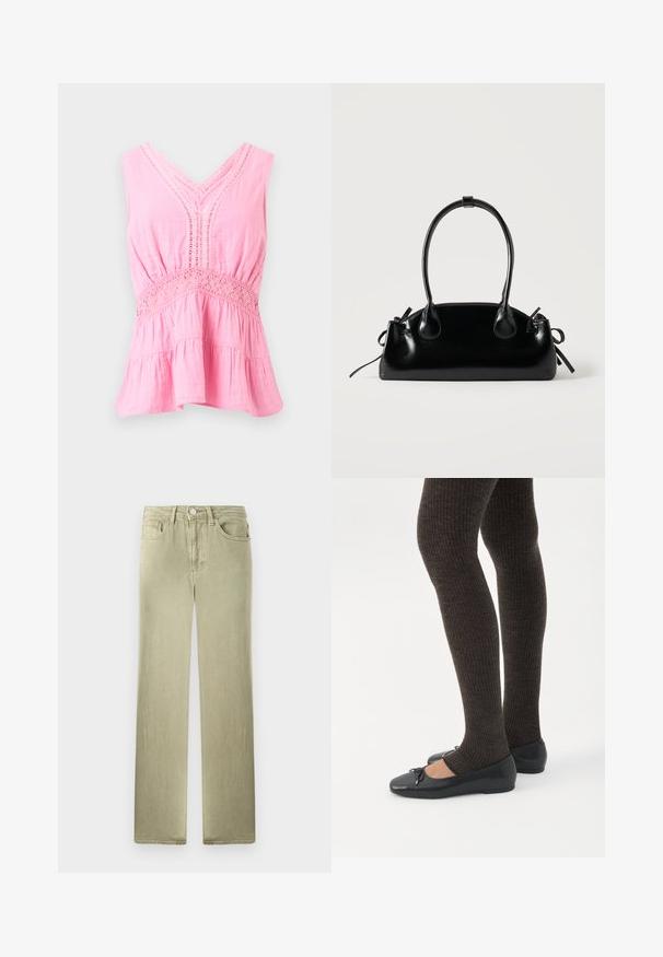 Blouse rose sans manches avec col en V, détails en dentelle le long de l'encolure et de la taille, tissu froncé et ourlet évasé à volants.; Jean beige à jambe droite avec poches avant et arrière, fermeture par bouton et zip, présenté sur un fond blanc.; Jambes portant des leggings côtelés foncés associés à des ballerines noires avec de petits détails en nœud sur fond blanc.; Petit sac à main noir brillant avec deux longues anses et des détails à cordon sur les côtés sur un fond clair uni.