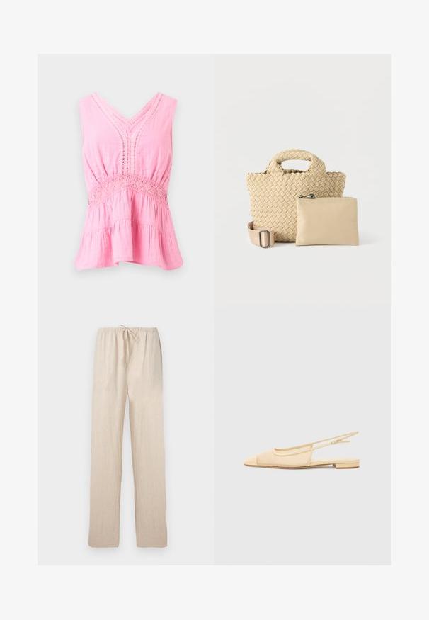 Blouse rose sans manches avec col en V, détails en dentelle le long de l'encolure et de la taille, tissu froncé et ourlet évasé à volants.; Pantalon ample beige clair avec taille élastique et cordon de serrage, jambes droites, en tissu léger.; Chaussure plate slingback en beige clair avec une tige en maille, un bout pointu et un petit talon. Dotée d'une sangle ajustable pour un bon maintien.; Sac à main beige tissé avec une surface texturée et des poignées arrondies, accompagné d'une pochette zippée lisse dans une teinte assortie.