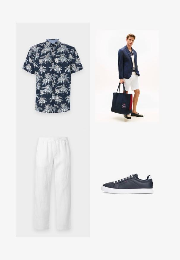 Camisa de manga corta, abotonada, en azul marino con un estampado de palmeras blancas. Presenta un cuello con pico y botones marrones. Tejido texturizado.; Pantalones de lino blancos con cintura elástica, corte recto y textura suave, sin patrones visibles ni detalles de herrajes.; Zapatillas de piel azul marino con suelas de goma blancas, que presentan un diseño aerodinámico, cordones blancos contrastantes y un detalle sutil del logotipo.; Hombre con blazer azul marino, pantalones cortos blancos y mocasines, sosteniendo un bolso tote grande azul marino con una franja roja y un emblema de escudo.