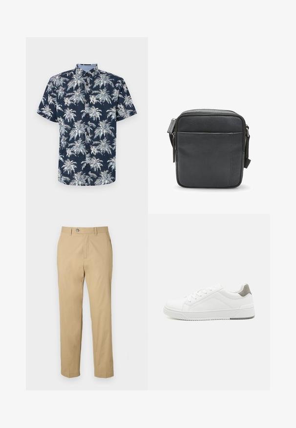 Kurzärmliges, knöpfbares Hemd in Marineblau mit einem weißen Palmenprint. Verfügt über einen kragenförmigen Ausschnitt und braune Knöpfe. Strukturiertes Material.; Beige Hosen aus Baumwollmischung mit geradem Bein, vorderen Taschen und Knopfverschluss. Glatte Textur und umgeschlagene Säume.; Weißer Sneaker aus glattem Leder, runde Zehenpartie, minimalistisches Design, graue Fersenkante und strukturierte Gummisohle.; Schwarze Leder-Crossbody-Tasche mit strukturiertem Finish, ausgestattet mit einem oberen Reißverschluss und einer vorderen Reißverschlusstasche. Kompaktes und quadratisches Design.