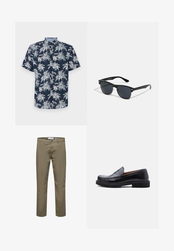 Camisa de manga corta, abotonada, en azul marino con un estampado de palmeras blancas. Presenta un cuello con pico y botones marrones. Tejido texturizado.; Pantalones beige de corte recto para hombre con trabillas para cinturón, cierre de botones y bolsillos delanteros, mostrados sobre un fondo blanco.; Mocasines de penny de cuero negro con suela de goma gruesa y costura tipo moc, presentados de perfil sobre un fondo blanco.; Gafas de sol negras con forma rectangular, lentes oscuros, detalles plateados en las patillas y un acabado mate en la montura.