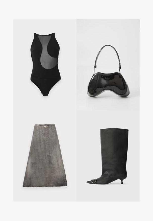 Maillot de bain une pièce noir avec un design découpé en maille, sans manches, col montant, et fermeture pressionnée en bas. Texture lisse sur toute la surface.; Jupe midi trapèze en cuir synthétique gris foncé avec fini texturé et petite plaque ovale en métal portant un logo près de la ceinture.; Bottines en cuir noir à bout pointu, petite talon et détail métallique sur le bout. Texture lisse et mate partout.; Sac à main en cuir verni noir avec une forme incurvée unique, une anse courte et ajustable, et une fermeture zippée. Texture lisse avec un branding discret.