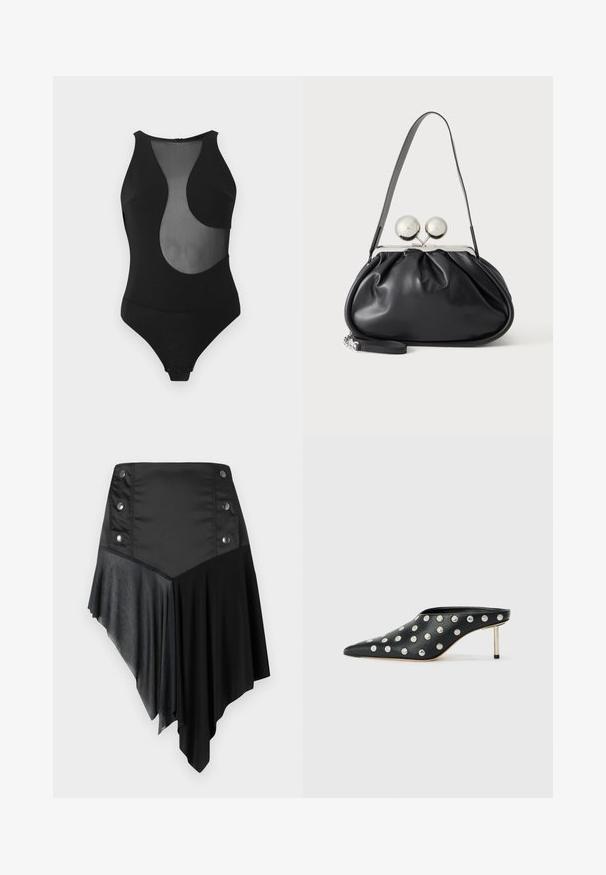 Maillot de bain une pièce noir avec un design découpé en maille, sans manches, col montant, et fermeture pressionnée en bas. Texture lisse sur toute la surface.; Jupe asymétrique noire mettant en vedette un mélange de tissus mats et texturés, avec des détails de bouton argenté à la taille et un design à ourlet superposé.; STAND STUDIO KELSEY - Mules à talons - black; Sac à main en cuir noir avec un design plissé, une sangle unique, un cadre métallique argenté et deux grandes fermoirs ronds en argent.