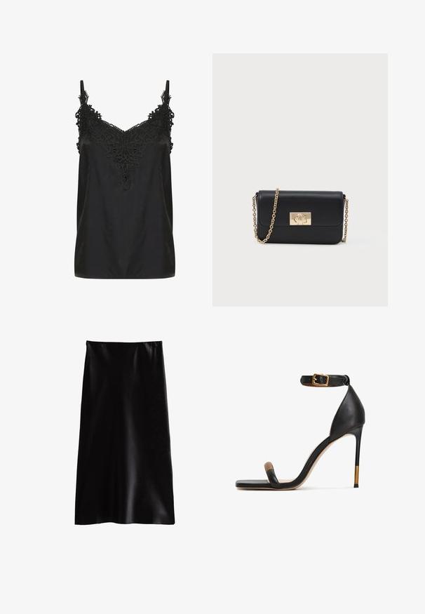 Zwart cami-top met een v-hals en ingewikkelde kantdetails bij de halslijn. Voorzien van spaghettibandjes en een soepele, lichte stof.; Zwarte satijnen maxi rok met een gladde textuur, rechte snit en een elastische tailleband. Geen zichtbare patronen of versieringen.; Zwarte leren hoge hak sandaal met een dunne enkelband met een gouden gesp, een vierkante neus en een contrasterende bruine teenaccent.; Zwarte leren schoudertas met gouden kettingband en rechthoekige gouden sluiting aan de voorkant, tegen een effen lichte achtergrond.