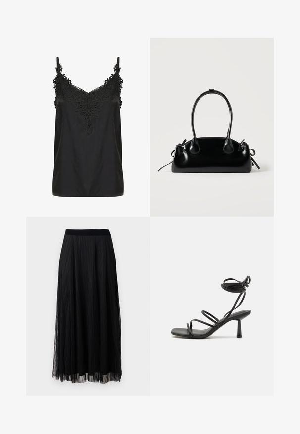 Zwart cami-top met een v-hals en ingewikkelde kantdetails bij de halslijn. Voorzien van spaghettibandjes en een soepele, lichte stof.; Zwarte geplooide maxi rok met een textuurdesign, featuring een gladde tailleband en gelaagde sheer stof voor een vloeiende silhouet.; Zwarte bandjes sandaal met een vierkante neus, verstelbare enkelbandjes en een slanke blokhak. Gemaakt van een glad, duurzaam materiaal.; Kleine zwarte glanzende handtas met twee lange hengsels en zijkant trekkoord details op een effen lichte achtergrond.