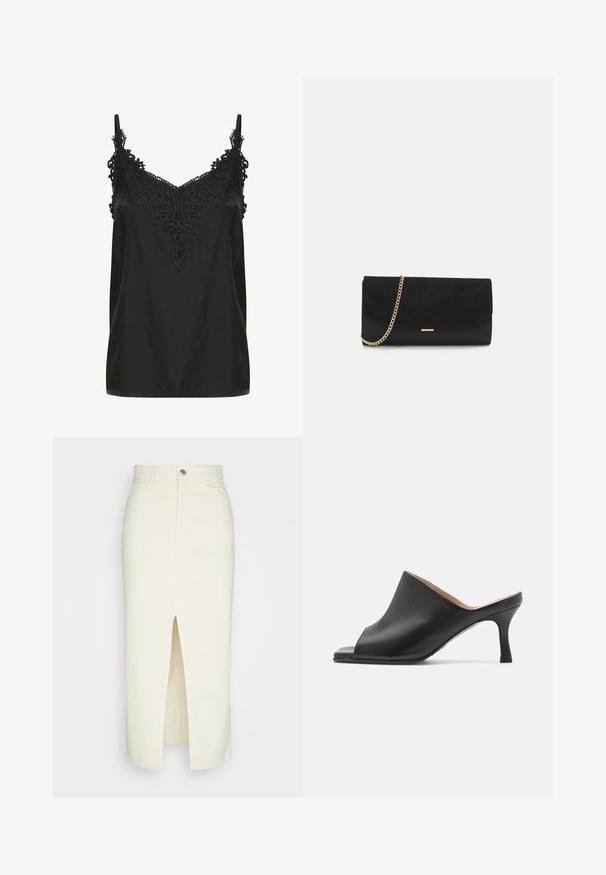 Schwarzes Top mit V-Ausschnitt und filigranen Spitzenverzierungen am Kragen. Mit Spaghetti-Trägern und einem glatten, leichten Stoff.; Weißer Denim-Midi-Rock mit Schlitz vorne, Fünf-Taschen-Design und Metallknopfverschluss. Glatte Textur, hochtailliert, gerade Silhouette.; Selected ASHLEY - Pantolette hoch - black; Schwarze Clutch aus Wildleder mit strukturierter Oberfläche, ausgestattet mit einem goldenen Kettenriemen und einem eleganten, kantigen Design.