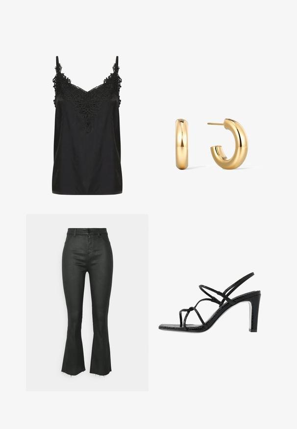 Schwarzes Top mit V-Ausschnitt und filigranen Spitzenverzierungen am Kragen. Mit Spaghetti-Trägern und einem glatten, leichten Stoff.; Schwarze ausgestellte Jeans aus glattem Denim mit hoher Taille, Knopfverschluss und aufgerissenen Säumen am Beinende.; Schwarze Absatzsandalen mit dünnen Riemen, strukturiertem Finish, offener Zehenpartie und einem eleganten, spitzen Absatzdesign. Verfügt über eine glatte Innensohle und eine glänzende Oberfläche.; Goldene Creolen mit einer glatten, glänzenden Oberfläche, die ein abgerundetes, geschwungenes Design aufweisen. Enthält einen Stecker für sicheren Halt.