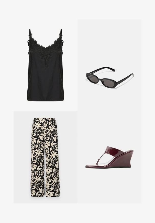 Zwart cami-top met een v-hals en ingewikkelde kantdetails bij de halslijn. Voorzien van spaghettibandjes en een soepele, lichte stof.; Zwarte wijde broek met een crèmekleurig bloemenpatroon. Gemaakt van lichtgewicht stof, met een zachte textuur en een hoge tailleband.; Glanzende bordeauxrode damessandaal met teenriem en hoekige hak, zijaanzicht op witte achtergrond.; Even&Odd by Zalando Zonnebril - black