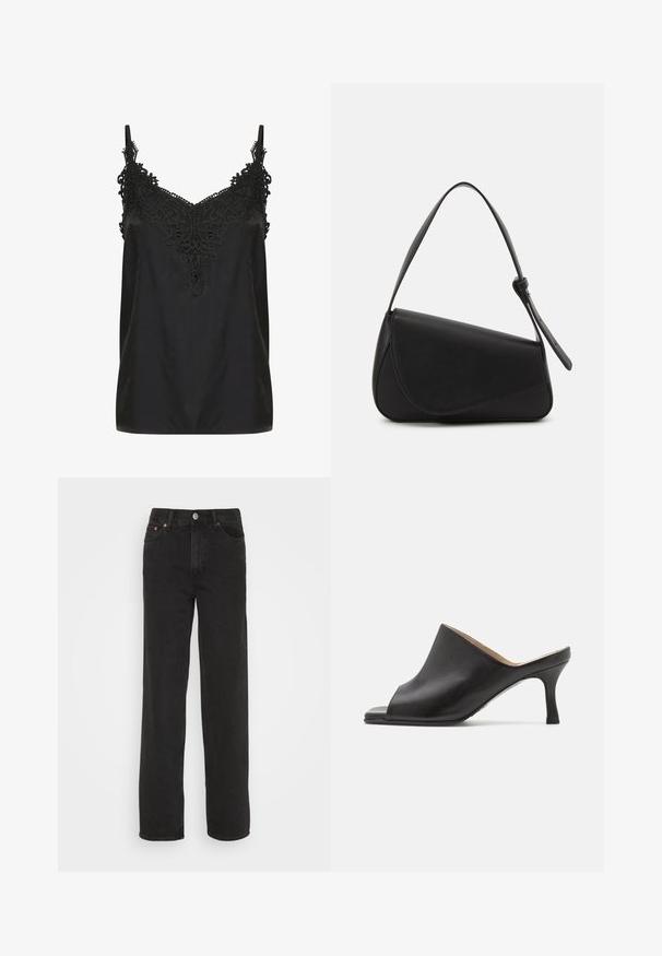 Zwart cami-top met een v-hals en ingewikkelde kantdetails bij de halslijn. Voorzien van spaghettibandjes en een soepele, lichte stof.; Zwarte rechte jeans met vijf zakken, een knoop aan de voorkant en riemlussen, weergegeven tegen een witte achtergrond.; Selected ASHLEY - Muiltjes met hak - black; Zwart leren handtas met een driehoekige vorm, schuine klep en een ronde handgreep. Heeft een gladde textuur en minimalistische ontwerpelementen.