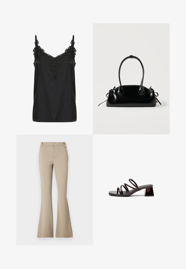 Zwart cami-top met een v-hals en ingewikkelde kantdetails bij de halslijn. Voorzien van spaghettibandjes en een soepele, lichte stof.; Beige flare broek gemaakt van zacht stof, met een aansluitende taille en vijf decoratieve gouden knopen aan elke kant. Gladde textuur zonder patronen.; Open-toe hoge hak sandaal in donkerburgundy patenleer, met drie dunne banden en een vierkante blokhak. Glad oppervlak, minimalistisch design.; Kleine zwarte glanzende handtas met twee lange hengsels en zijkant trekkoord details op een effen lichte achtergrond.