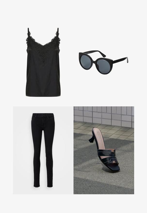 Schwarzes Top mit V-Ausschnitt und filigranen Spitzenverzierungen am Kragen. Mit Spaghetti-Trägern und einem glatten, leichten Stoff.; Schwarze Röhrenjeans aus Denim, mit klassischem Fünf-Taschen-Design, vorderem Knopfverschluss und leichtem Stretch für mehr Komfort.; Schwarzer offener Zeh-Pumps mit Doppelriemen und quadratischer Spitze auf strukturiertem Pflaster vor einer gefliesten Wand.; Schwarze übergroße Sonnenbrille mit Katzenaugenform, dunkel getönten Gläsern und glänzendem Kunststoffrahmen. Verfügt über dicke Bügel für Unterstützung.