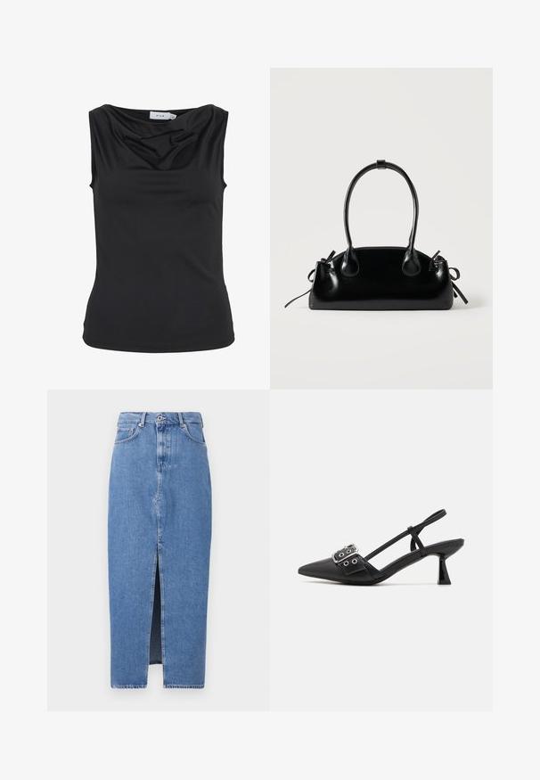Haut sans manches noir avec un décolleté drapé et une silhouette ajustée, étiqueté "VILA" à l'intérieur du col.; Jupe midi en denim bleu clair avec une fente avant, design classique à cinq poches et fermeture par bouton supérieur. Le tissu présente une légère texture.; Simmi London DALA - Escarpins - black; Petit sac à main noir brillant avec deux longues anses et des détails à cordon sur les côtés sur un fond clair uni.