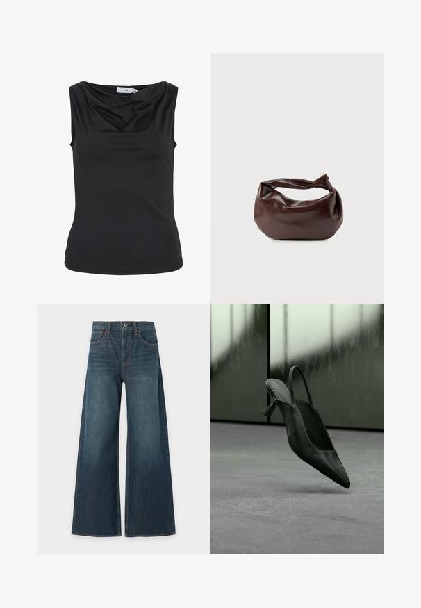 Haut sans manches noir avec un décolleté drapé et une silhouette ajustée, étiqueté "VILA" à l'intérieur du col.; Jean en denim bleu à jambes larges avec cinq poches, fermeture par bouton et coutures marron visibles, présenté à plat sur fond blanc.; Escarpin à talon haut en cuir noir avec bride arrière et bout pointu, flottant au-dessus d'un sol recouvert de moquette grise, mur verdâtre flou en arrière-plan.; Sac bandoulière en cuir marron foncé avec une forme souple et décontractée et une anse nouée torsadée sur un fond blanc uni.