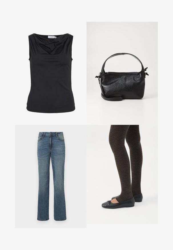 Haut sans manches noir avec un décolleté drapé et une silhouette ajustée, étiqueté "VILA" à l'intérieur du col.; Jean en denim droit bleu avec fermeture à bouton et zip à l'avant, poches avant et arrière, et un léger effet délavé.; Jambes portant des leggings côtelés foncés associés à des ballerines noires avec de petits détails en nœud sur fond blanc.; Sac à main en cuir noir au design structuré, avec une poignée arrondie et une bandoulière amovible. Présente une texture lisse et un éclat subtil.
