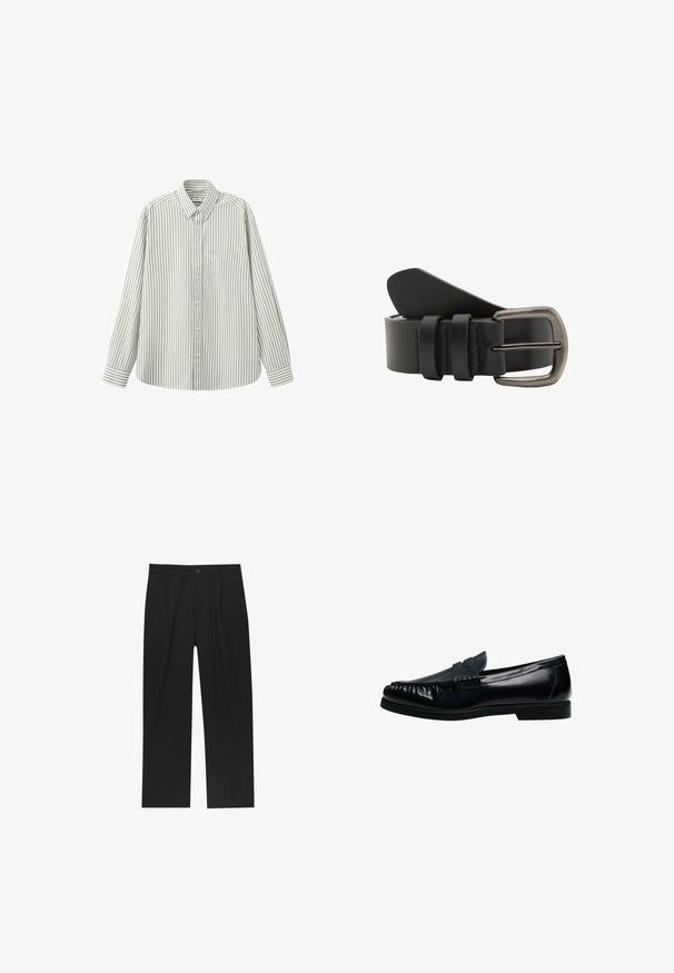 Chemise à manches longues avec boutons, rayures verticales blanches et gris clair, col et poche poitrine gauche, présentée à plat sur un fond blanc.; Pantalons noirs au design droit, fabriqués à partir d'un tissu lisse. Dotés de plis sur le devant et d'une fermeture à un bouton à la taille.; Mocassin penny loafer pour homme en cuir noir avec bout moc cousu et petit talon, présenté de profil sur fond blanc.; Ceinture en cuir noir avec une texture lisse, une boucle métallique et trois passants pour un ajustement sécurisé.