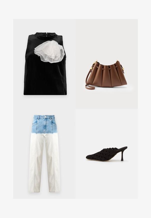 Sort ærmeløs top lavet af glat stof med en stor hvid tuleblomstaccent på venstre side og en høj halsudskæring med lynlås.; Denim jeans har en blå topdel, der falmer til hvid. Høj Taljede design, lige ben silhuet og synlige syning detaljer.; A.W.A.K.E. MODE REGINA WEAVED MULE - Mules med hæl - black; Brun plisseret læderhåndtaske med justerbar rem og guldfarvede snørefinish detaljer på neutral baggrund.
