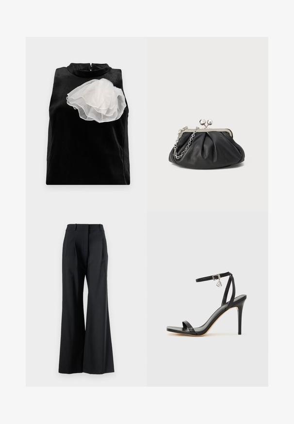 Zwarte mouwloze top van gladde stof met een grote witte tule bloemaccent aan de linkerkant en een hoge halslijn met een ritssluiting.; Veronica Beard OLLIE PANT - Broek - black; Zwarte sandaal met hoge hak, smalle enkelband, vierkante neus, soepel leermateriaal en metalen gespsluiting.; Zwarte leren clutch met geplooide textuur, zilverkleurig metalen frame, drukknopsluiting en kettingriem. Glad, zacht oppervlak.