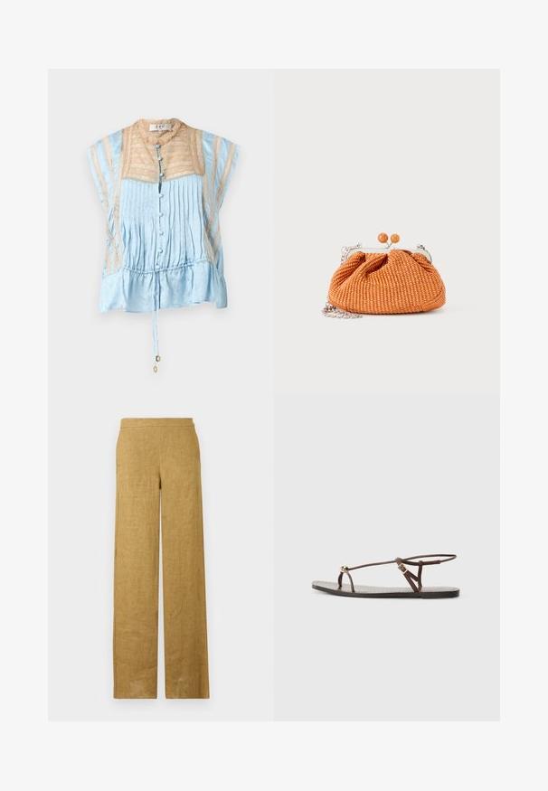 Blouse bleu clair à manches courtes avec des détails en dentelle beige, des boutons recouverts de tissu à l'avant, des plis et un cordon de serrage à l'ourlet avec des accents dorés.; Pantalon taille haute à jambes larges en lin marron clair, avec un devant lisse et un design minimaliste.; Sandale en cuir marron avec des fines lanières, un accent circulaire doré et une semelle plate. Design minimaliste avec un détail de boucle réglable.; Petit sac pochette tissé orange avec cadre en métal argenté, fermoir rond et bandoulière chaîne argentée sur fond blanc.