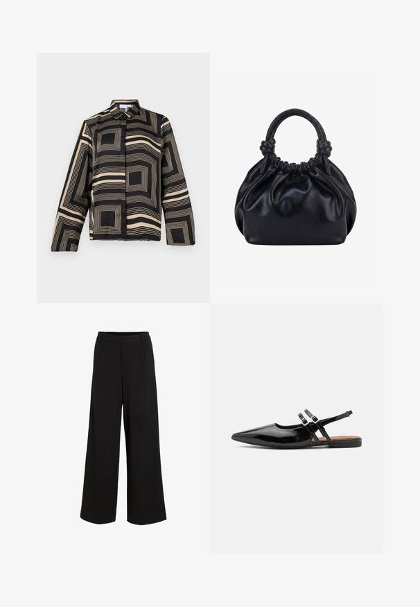 Chemise noire et beige avec un motif géométrique, dotée de manches longues, d'un col et d'une coupe ample en tissu lisse et brillant.; Pantalons noirs à jambe large fabriqués dans un tissu lisse. Ils présentent une taille ajustée avec un détail de pli subtil et un design épuré, sans ornements.; Des chaussures slingbacks en cuir verni noir présentent un bout pointu, deux sangles avec des accents de boucle, et une semelle plate.; Sac à main en cuir noir souple avec le dessus froncé et deux grosses poignées nouées sur un fond uni clair.