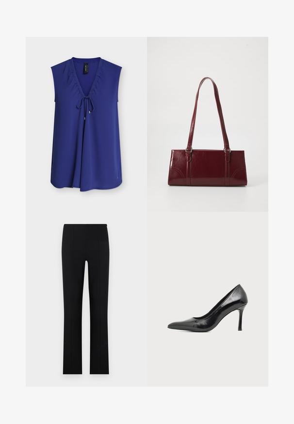 Blouse bleu roi sans manches avec col en V et détail noué à l'avant, réalisée en tissu lisse et fluide.; Pantalon pour femme noir, ajusté, droit, taille mi-haute avec un détail de couture sur le devant, présenté sur un fond clair uni.; Chaussure à talon haut pour femme en cuir verni noir avec bout pointu et talon fin sur fond clair uni.; Sac à main bordeaux en matériau brillant, de forme rectangulaire, avec deux anses et des accents légèrement courbés à l'avant.