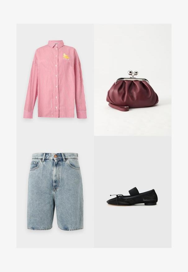 Chemise à rayures verticales rouges et blanches, manches longues, avec boutons, col et petit motif banane jaune sur la poitrine gauche.; Shorts en denim bleu clair avec bouton à l'avant, fermeture éclair, passants pour ceinture, et poches latérales et avant sur fond blanc.; Chaussure plate noire avec un bout pointu, fabriquée en tissu texturé, avec un accent à nœud et un petit talon rond. Sangle élastique au niveau de la cheville.; Petit sac pochette en cuir bordeaux avec fermoir métallique argenté et bracelet sur fond blanc.