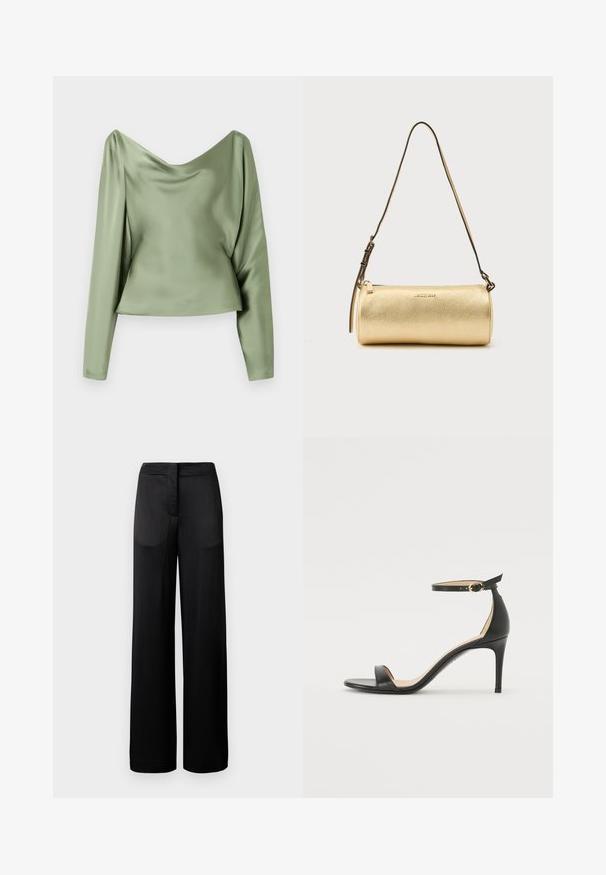 Grünes Satin-Oberteil mit langen Ärmeln, einer drapierten Cowl-Neckline, glatter Textur und einem cropped Saum, das ein schlankes und elegantes Design präsentiert.; Schwarze weit geschnittene Hose mit strukturierter Oberfläche, ausgestattet mit einem flachen Bund und zwei Seitentaschen. Der Stoff wirkt leicht und fließend.; Schwarze Leder-high-heeled Sandale mit Knöchelriemen. Verfügt über eine glatte Textur, offene Zehen und einen dünnen Absatz. Goldfarbener Schnallenakzent.; Goldfarbene zylindrische Leder-Schultertasche mit verstellbarem Riemen und Reißverschluss, Michael Kors Logo mittig auf der Vorderseite.