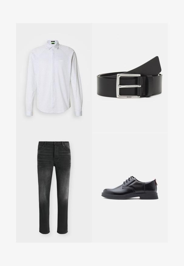 Langærmet skjorte i hvid med et blåt rutenet mønster. Har en klassisk krave og en brystlomme. Glat stof med en struktureret pasform.; Sorte skinny-fit jeans med falmede detaljer, fem-lomme-stil og knaplukning i taljen.; Sorte snørestøvler i læder med glat tekstur, rundet tå og diskrete syningsdetaljer. Har en rød trækflig på hælen.; Sort læderbælte med en rektangulær sølvspænde, har diskret branding og en glat tekstur. Enderne taper af til en rundet finish.
