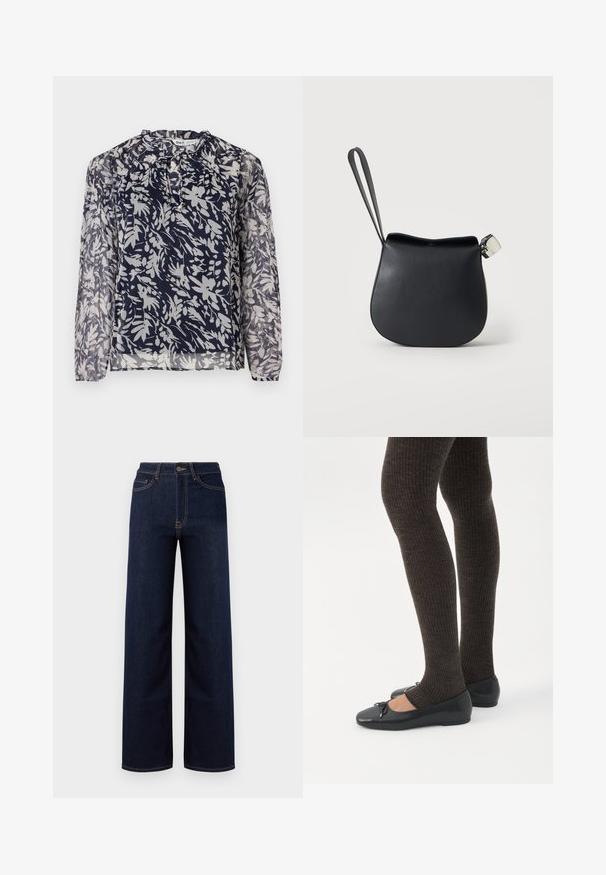 Blusa navy con estampado floral en blanco, con escote plisado y mangas largas, sobre un fondo blanco liso.; Jeans de corte amplio en azul oscuro hechos de denim, con una cintura alta, cuatro bolsillos y costuras en contraste a lo largo de las costuras.; Piernas con leggings oscuros acanalados combinados con bailarinas negras que presentan pequeños detalles de lazo sobre un fondo blanco.; Bolso de muñeca de cuero negro con base redondeada y cierre plateado sobre un fondo blanco liso.