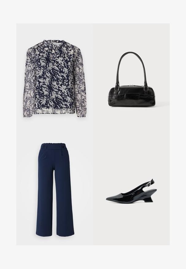 Marineblauw blouse met een bloemdessin in het wit, met een geplooide halslijn en lange mouwen, tegen een effen witte achtergrond.; Navy wijde pijpenbroeken van zachte stof; met platte voorkant, twee zijzakken en dubbele knoopsluiting in de taille.; Zwarte lakleren slingback schoen met spitse neus en lage schuine blokhak op een effen lichte achtergrond.; Zwarte leren handtas met een rechthoekige vorm, voorzien van een enkele gestructureerde handgreep, zilveren hardware en ritsluiting. Gladde textuur.