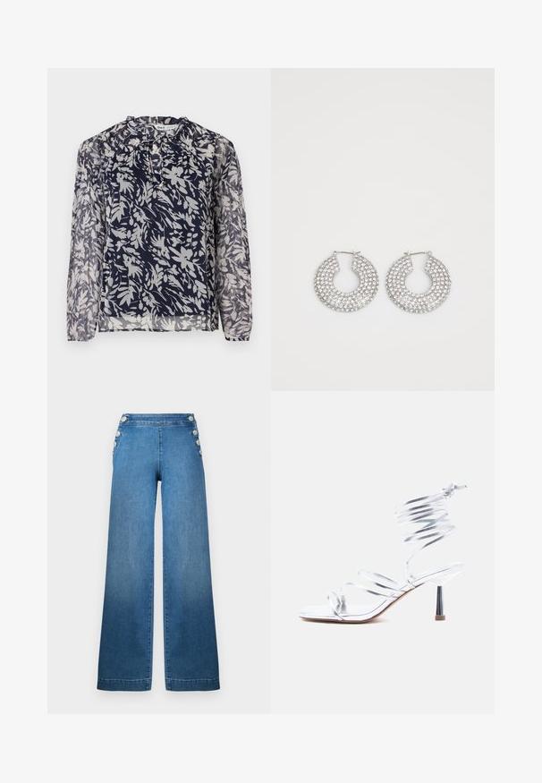 Tumedat blouse lillemustriga valge, millel on volditud krae ja pikad varrukad, valge tausta ees.; Laiad sinised denim püksid, millel on kõrge vöökoht, nööbitud küljeaktsendid ja puhas äär. Kangas on sileda tekstuuriga ja kerge kulumisega.; Hõbedased kõrge kontsaga sandaalid õhukeste rihmadega, mis ristuvad varvaste kohal, ja spiraalne pahkluukinniti valgel taustal.; Hõbedased rõngaskõrvarõngad, millel on mitmeid selgeid kristallitoot.