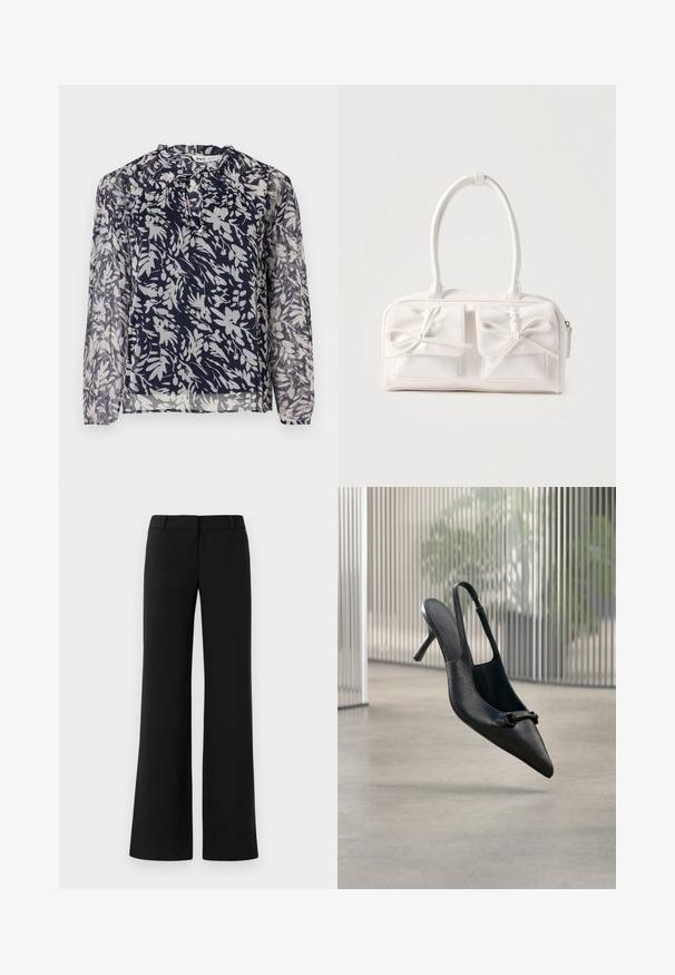 Blouse marine à imprimé floral blanc, avec un col plissé et des manches longues, sur un fond blanc uni.; Pantalons noirs à jambe large en tissu lisse. Présente une taille plate avec passants de ceinture et une silhouette ajustée. Aucun motif ni accent visible.; Chaussure à talon haut à bride arrière en cuir noir texturé avec un bout pointu et une petite boucle décorative, flottant au-dessus d'un sol lisse.; Sac à main synthétique blanc avec deux poches avant, chacune ornée d'un nœud noué. Texture lisse, anses arrondies et fermeture zippée.