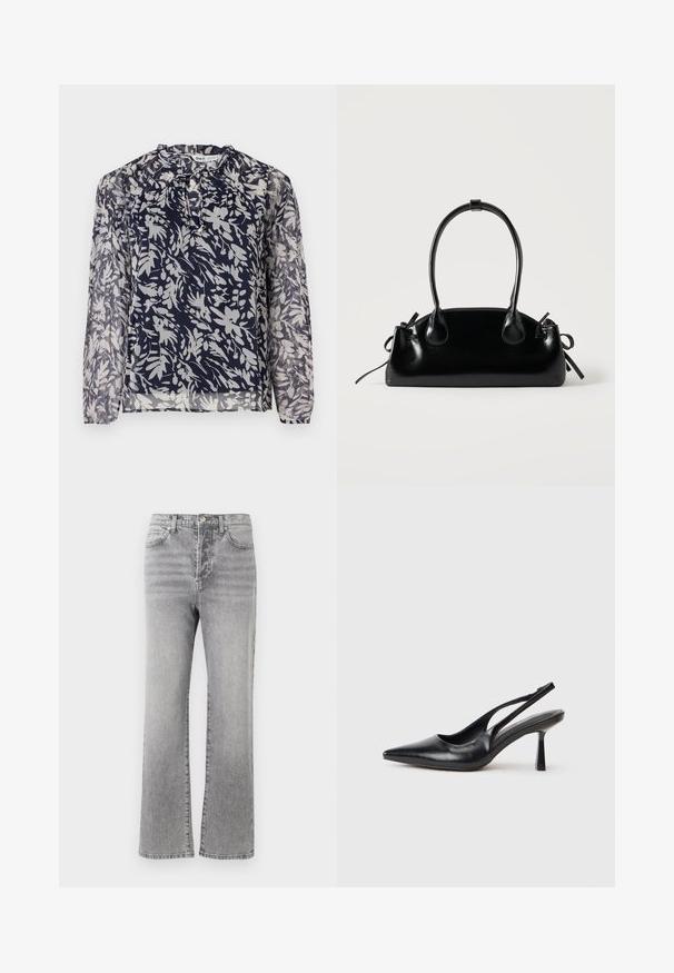 Blusa navy con estampado floral en blanco, con escote plisado y mangas largas, sobre un fondo blanco liso.; Jeans de mezclilla gris con un diseño de pierna recta, cintura de altura media, estilo de cinco bolsillos y un ligero desgaste para dar textura. Detalles de botón metálico y costuras.; Zapato de tacón alto negro de cuero con puntera afilada y tacón delgado sobre un fondo blanco.; Pequeño bolso negro brillante con dos asas largas y detalles de cordón lateral sobre un fondo claro liso.