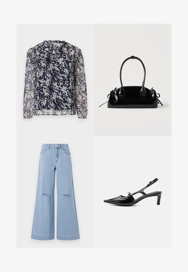 Marineblauw blouse met een bloemdessin in het wit, met een geplooide halslijn en lange mouwen, tegen een effen witte achtergrond.; Lichtblauwe wijde jeans met een hoge taille, voorzien van twee voorkruiszakken en twee gescheurde knieën, gemaakt van denim.; Zwarte lakleren slingback schoen met een spits toelopende neus, lage hak en twee verstelbare gespen, zijaanzicht.; Kleine zwarte glanzende handtas met twee lange hengsels en zijkant trekkoord details op een effen lichte achtergrond.