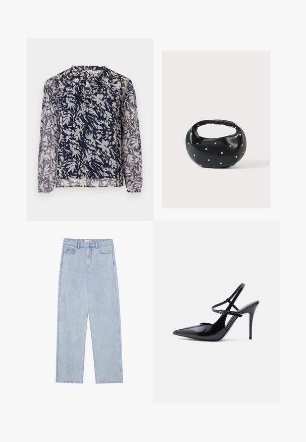 Blusa navy con estampado floral en blanco, con escote plisado y mangas largas, sobre un fondo blanco liso.; Jeans de mezclilla de cintura alta en azul claro, con corte recto, cinco bolsillos y costuras visibles. El material tiene una textura de lavado clásico.; Zapato de tacón alto de charol negro con punta puntiaguda, con dos finas correas ajustables en el tobillo y tacón de aguja, mostrado de lado.; Bolso de mano de cuero negro con forma redondeada, decorado con detalles de tachuelas plateadas y un asa corta. Textura lisa y cierre con cremallera.