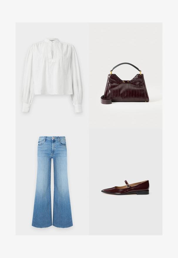 Blouse blanche à manches longues avec détails de plis pincés et dentelle, col montant, encolure en goutte d'eau, et poignets froncés ornés de bordure en dentelle.; Jean en denim clair avec une coupe évasée, taille haute, deux poches avant et un ourlet brut en bas.; Ballerines en cuir verni bordeaux de type Mary Jane avec un bout pointu, un talon plat et une sangle décorative avec une boucle circulaire.; Sac à main en cuir bordeaux foncé avec motif texturé, poignée supérieure noire, accessoires dorés et bandoulière amovible sur fond blanc.