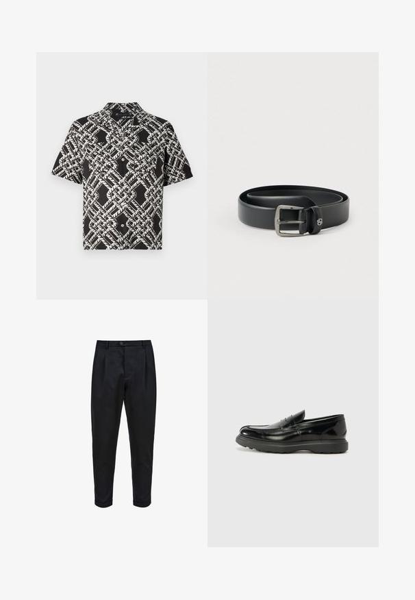 Zwart overhemd met korte mouwen, knoopsluiting, en een wit abstract geometrisch bladpatroon met twee borstzakken.; Zwarte broek van een gladde stof, met een geplooide voorkant, taps toelopende pasvorm en opgerolde mouwen. Eenvoudige knoopsluiting bij de taille.; Zwarte leren instapper met een glanzende afwerking, een ronde neus, subtiele stiksels en een dikke rubberen zool voor duurzaamheid.; Zwarte leren riem met een glanzende zilveren metalen gesp, gladde textuur en gestikte randen. Voorzien van een lus om het uiteinde van de riem vast te zetten.