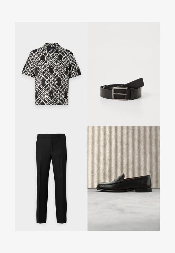 Chemise noire à manches courtes avec un motif géométrique abstrait de feuilles blanches et deux poches poitrine.; Pantalon noir ajusté avec une texture lisse, présentant un design à jambes droites, des plis devant et une ceinture plate. Pas de poches visibles.; Mocassin penny en cuir noir avec talon bas, bout arrondi et détails cousus à l'avant et sur les côtés, présenté sur un fond neutre.; Ceinture en cuir noir avec une finition mate, dotée d'une boucle métallique rectangulaire et d'une sangle affichant le logo Calvin Klein.