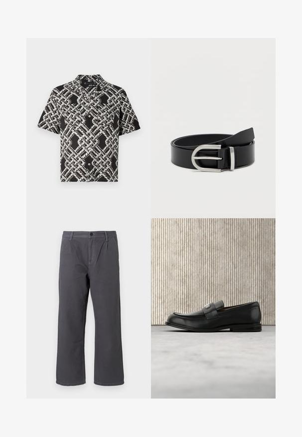 Camisa de botones de manga corta negra con un patrón abstracto geométrico de hojas blancas y dos bolsillos en el pecho.; Pantalones de algodón gris oscuro con un diseño de pierna recta, cierre frontal de botón y costuras decorativas. Incluye bolsillos laterales y un ajuste casual.; Mocasín de cuero negro con una placa metálica de marca apoyado cerca de una mesa redonda marrón sobre un suelo alfombrado beige.; Cinturón de cuero negro con una textura suave, que presenta una hebilla de metal plateado y una forma rectangular clásica.