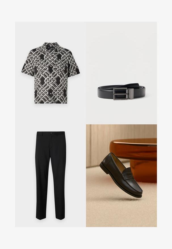 Camisa de botones de manga corta negra con un patrón abstracto geométrico de hojas blancas y dos bolsillos en el pecho.; Pantalones de traje negros con frente plano, cintura estándar y piernas rectas. Hechos de una tela suave, con un cierre de botón único.; Zapato mocasín de cuero negro suspendido sobre una alfombra beige con muebles modernos de color ámbar en el fondo.; Cinturón de cuero negro con textura suave, con una hebilla metálica cuadrada en acabado mate. Decorado con un logotipo de la marca en el cinturón.