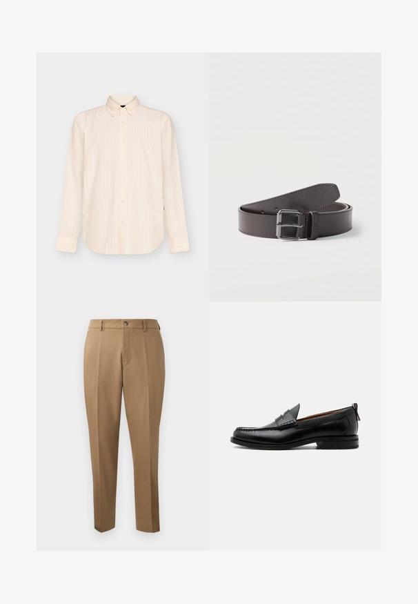 Chemise beige à manches longues boutonnée avec des rayures verticales subtiles et un col classique, présentée sur un fond clair uni.; Pantalons marron sur mesure avec une coupe droite, plis simples, passants de ceinture et fermeture à bouton sur le devant. Tissu lisse avec une texture mate.; Mocassin homme en cuir noir avec couture moc toe, bride penny, col texturé et petit talon empilé sur fond blanc.; Ceinture en cuir brun foncé roulée avec une boucle métallique carrée et des coutures visibles le long des bords.