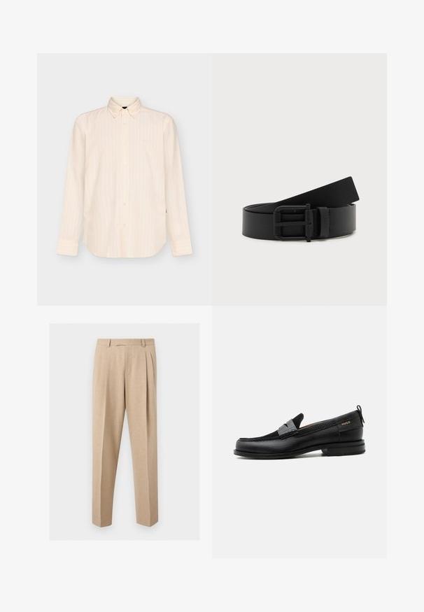 Chemise beige à manches longues boutonnée avec des rayures verticales subtiles et un col classique, présentée sur un fond clair uni.; Pantalon beige sur mesure avec plis sur le devant, passants de ceinture et jambes droites, présenté sur un fond clair et uni.; Mocassin en cuir noir avec détail de bride grise, talon bas et semelle texturée, marqué "HUGO" en or sur le côté.; Ceinture en cuir noir enroulée avec une boucle en métal noir mat sur fond blanc.